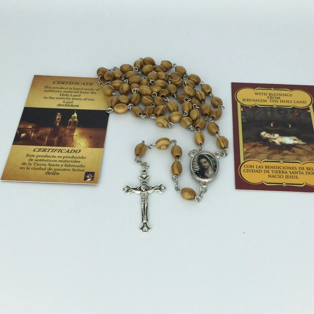Olive Wood Rosary JERUSALEM Necklace Oval Catholic Virgen De Guadalupe México