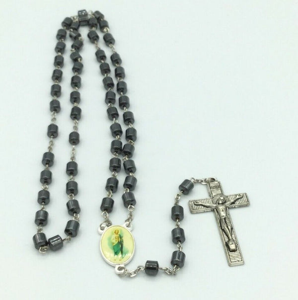 Saint Jude Rosary Hematite San Judas Necklace with Case Cross Jesus Catholic 22"