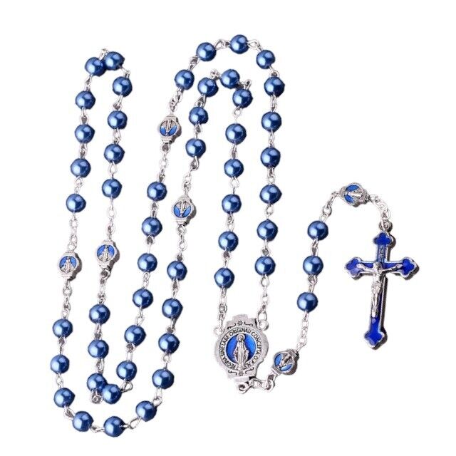 Catholic Blue Faux Pearl Glass Rosary Blue Enamel Crucifix Pater Bead Miraculous