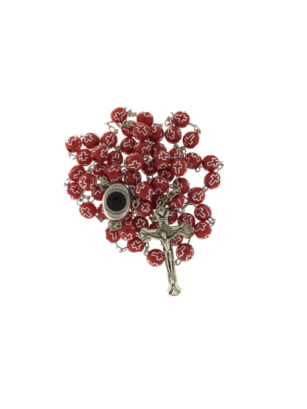 Catholic Red Rosary Beads Decorated Crucifixion  Holy Soil from Jerusalem Cruz