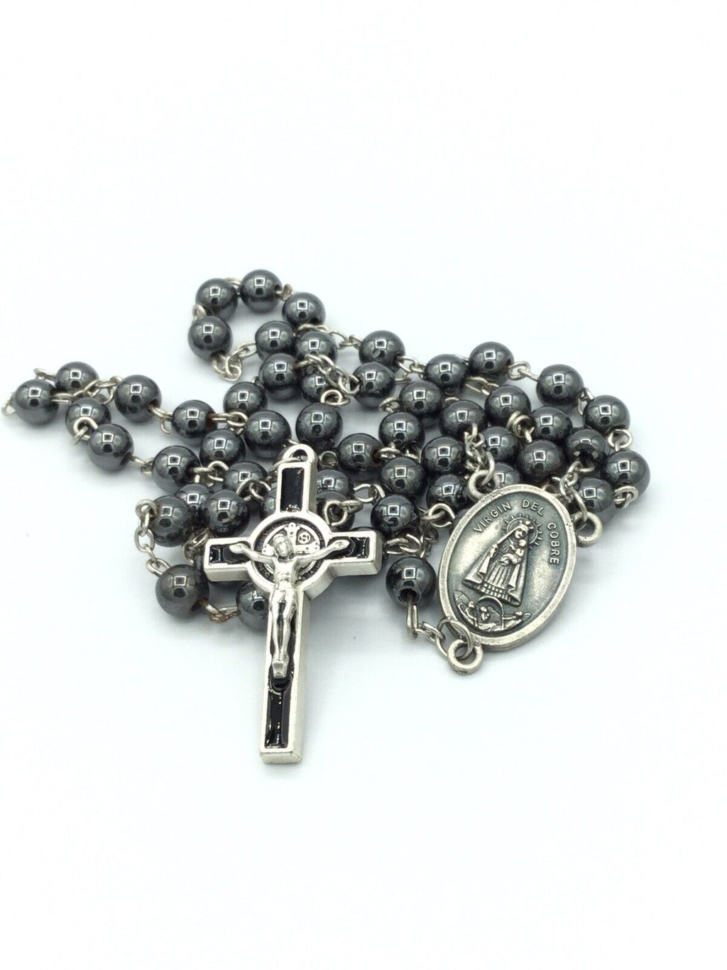 Caridad del Cobre Men's Rosary Hematite st.saint Benedict cross Necklace CUBA 
