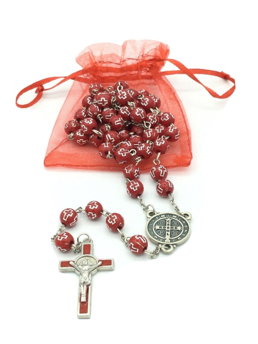 Catholic Rosary Necklace Cross Red Saint St.Benedict MEDAL San Benito Jesus Cruz
