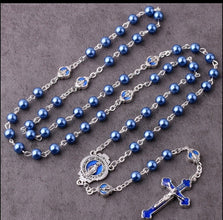 Sapphire Blue Pearl Catholic Rosary Beads Miraculous Medal Milagrosa Cruz Azul