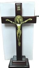 Brown Finish Standing Saint Benedict Wood Crucifix With Gold Tone Corpus, 13 In