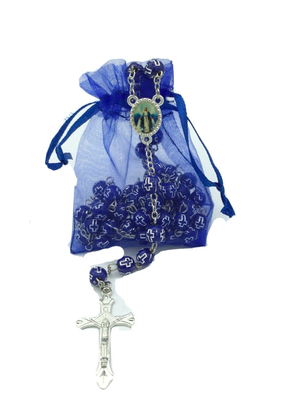 Catholic Rosary Necklace Blue Virgin Mary of Grace Virgen Milagrosa CROSS Jesus