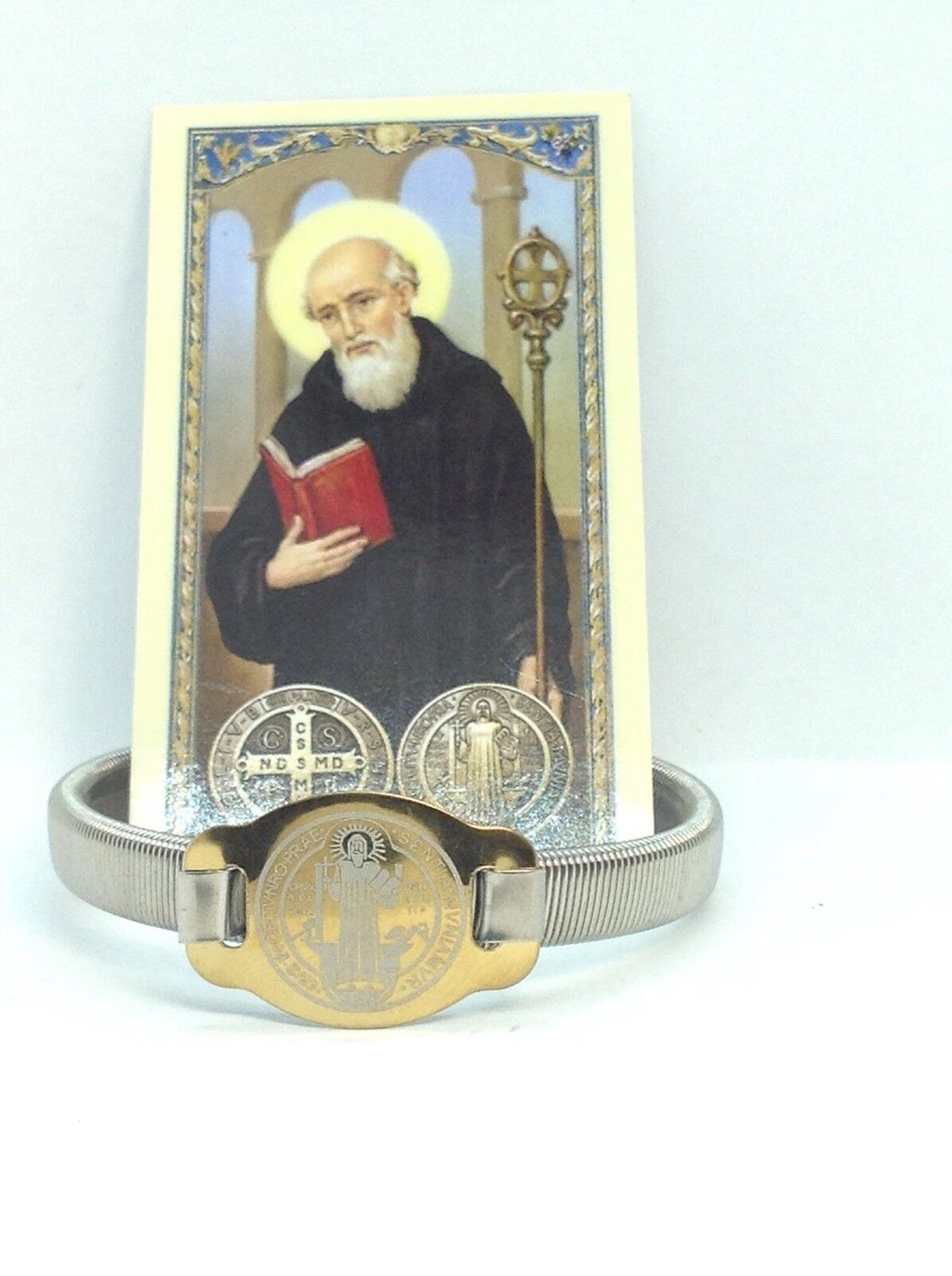 St Benedict medal men's bracelet protection stainless steel stretch Catholic 12