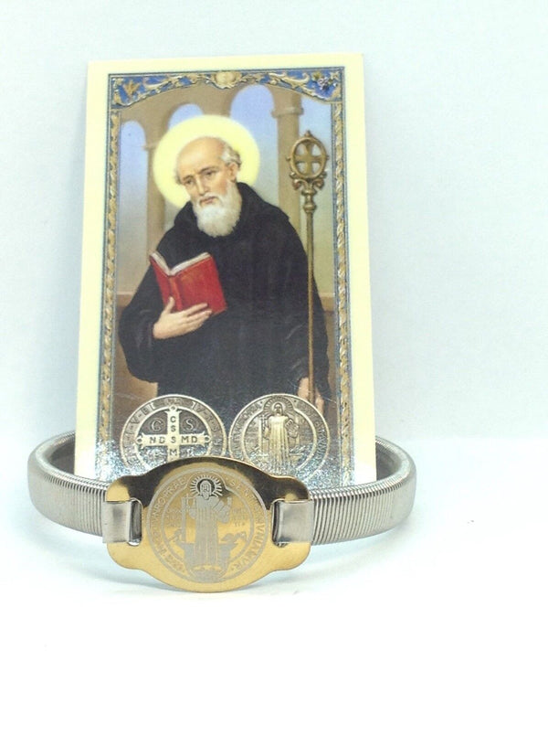 St Benedict medal men's bracelet protection stainless steel stretch Catholic 12