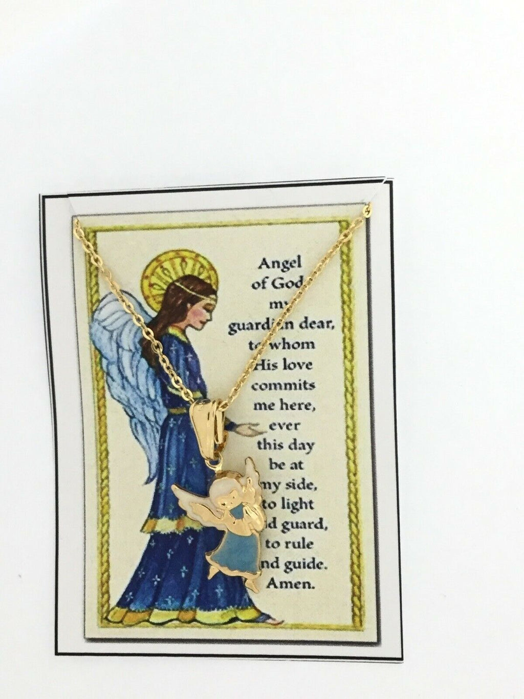 14K Gold Plated Praying Angel Pendant Charm Necklace Baby Kids Blue 16” Chain