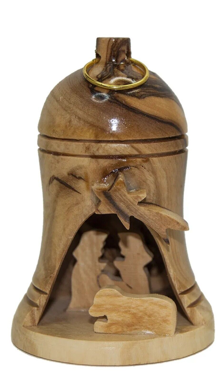 Carved Handmade Wooden Bell Christmas Ornament Nativity Scene Holy Land 3.5"
