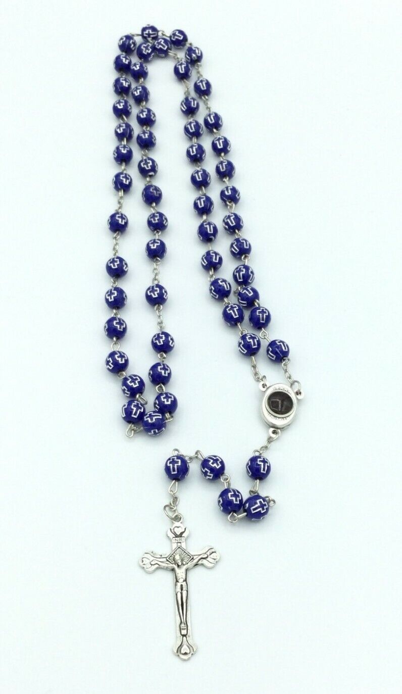 Catholic Blue Rosary Beads Decorated Crucifixion  Holy Soil from Jerusalem Cruz