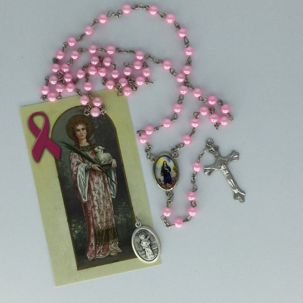 CATHOLIC RELIGIOUS  ST SAINT AGATHA Pink ROSARY Medal FOR BREAST CANCER