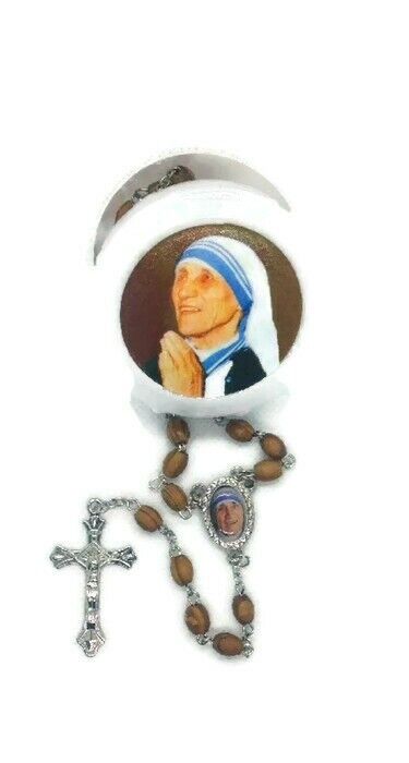 Mother Teresa olive wood rosary with prayer card Madre Teresa Rosario Jerusalem