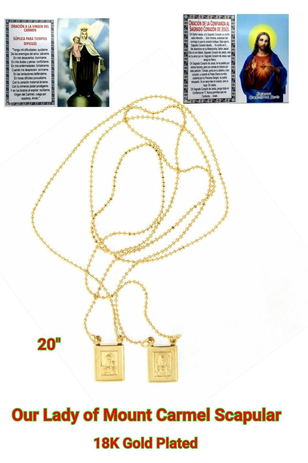 14k Gold Plated Our Lady Mt Carmel & Sacred Heart Jesus  Scapular Necklace 