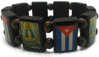 Religious Catholic Bracelet Wood Pulsera Caridad del Cobre & CUBA Cuban Flag 