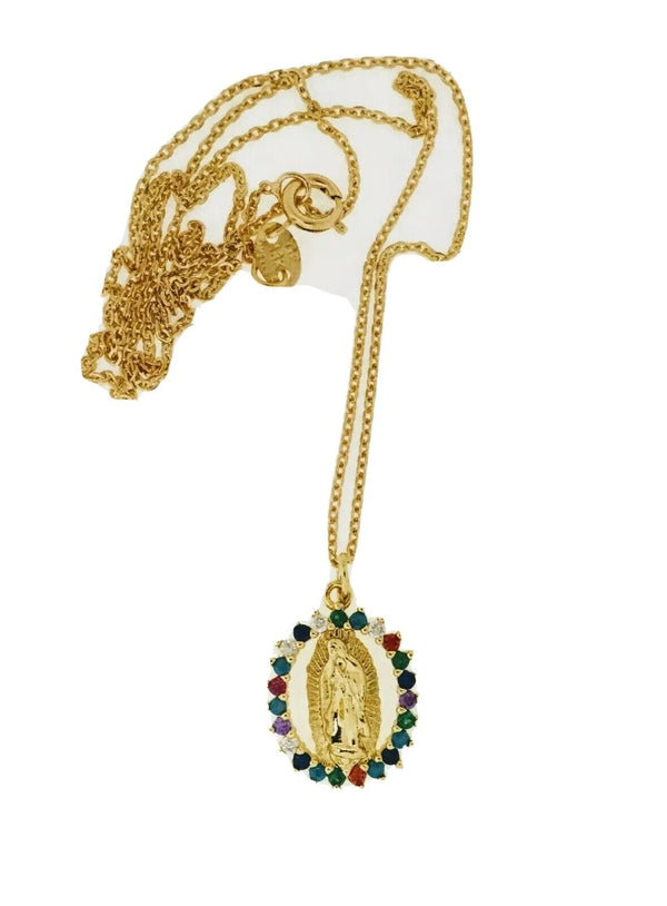 Gold Plated Virgen de Guadalupe Necklace Pendant Virgin Mary 20" Chain Colorful