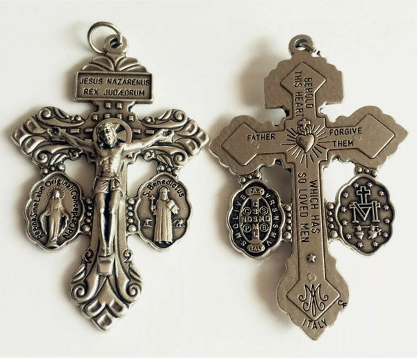 3-Way Pardon Crucifix with attached St Benedict & Miraculous Medals 2 1/4" &Cord