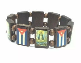 Religious Catholic Bracelet Wood Pulsera Caridad del Cobre & CUBA Cuban Flag 