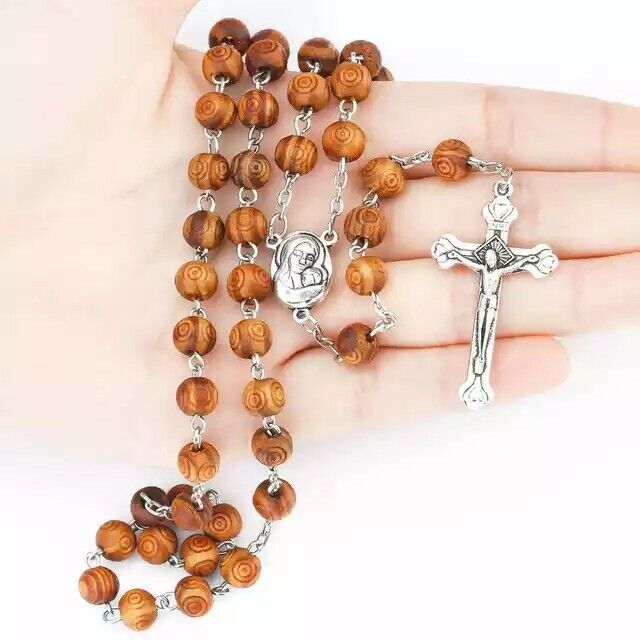 Olive Wood Rosary Beads Catholic Necklace Medal Crucifix Jerusalem Cross Jesus