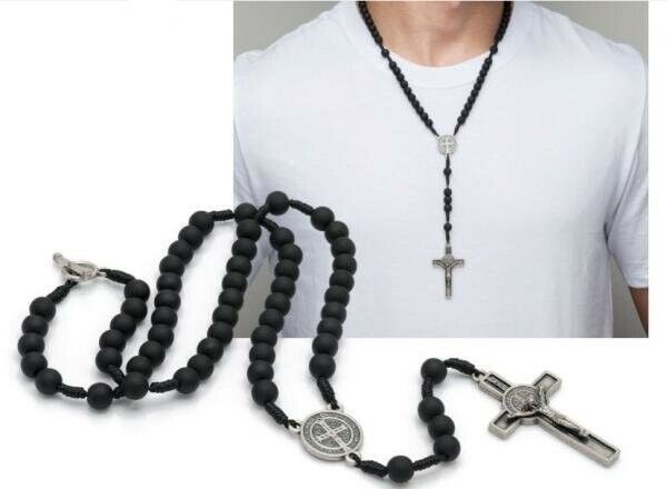 Saint St.Benedict Medal Excorsism Rosary Necklace San Benito Black matte finish 