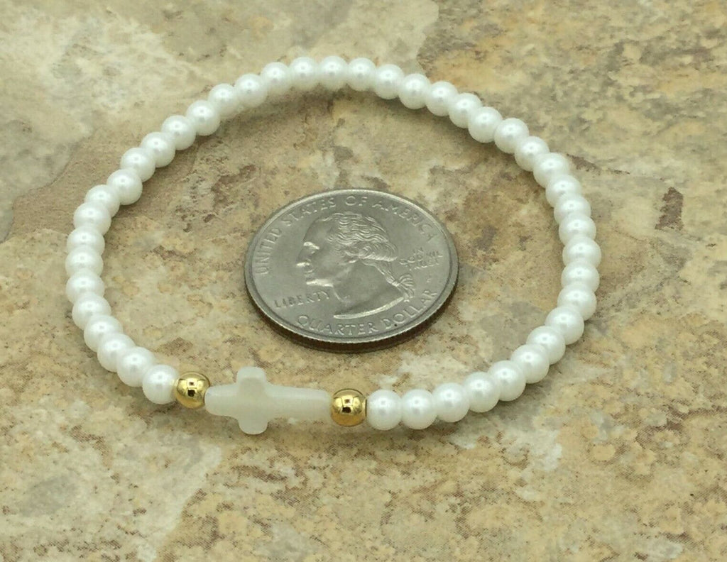 Simulated white Pearl Sideways Religious Christian Cross Stretch Bracelet Cruz