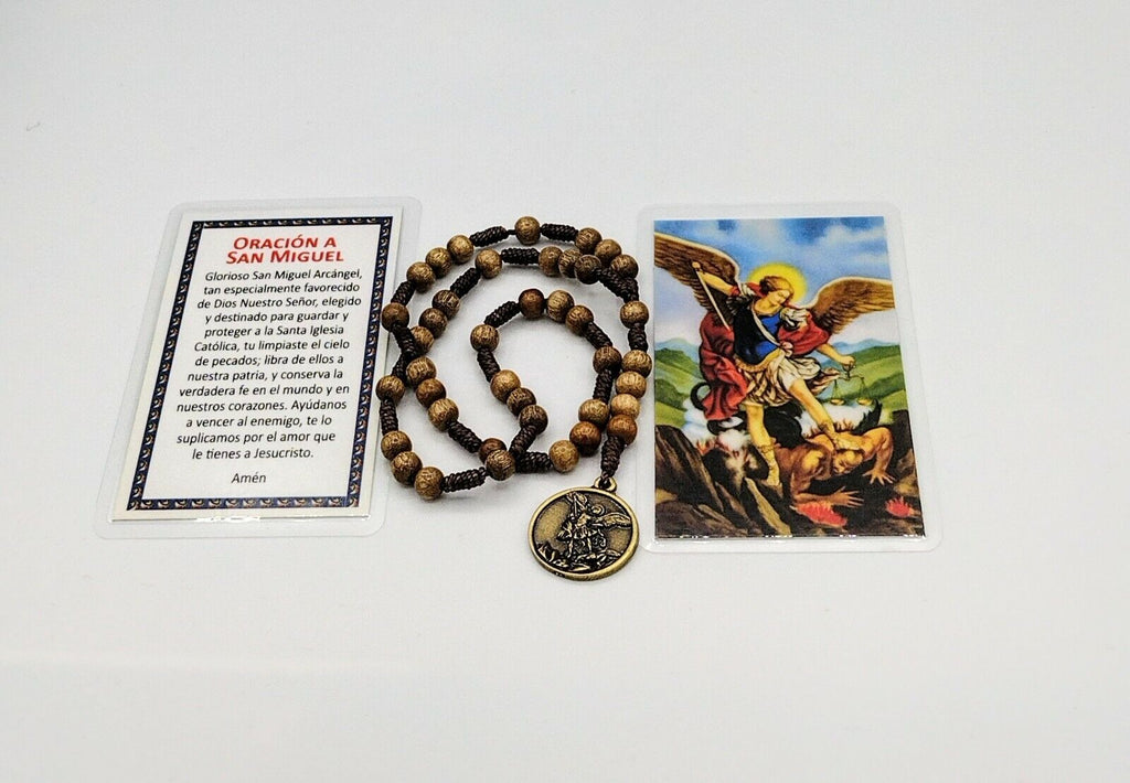 Brown Wood St Saint Michael Archangel Rosary Beads Chaplet coronilla San Miguel