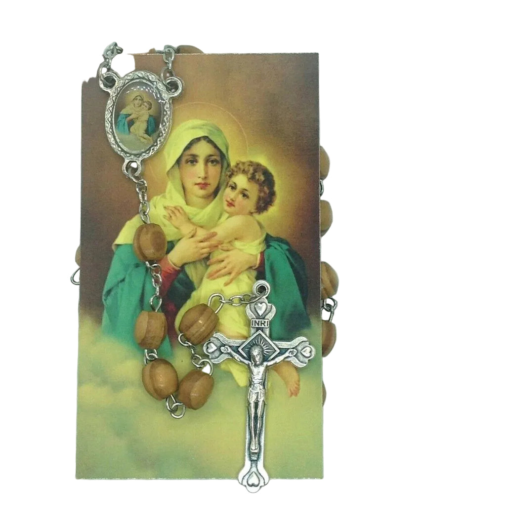  Olive Wood Rosary Beads Jerusalem Necklace Oval Catholic Lady of Schoenstatt