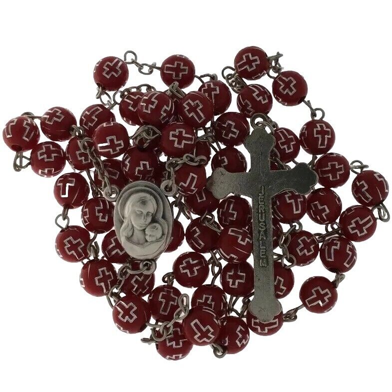 Catholic Red Rosary Beads Decorated Crucifixion  Holy Soil from Jerusalem Cruz