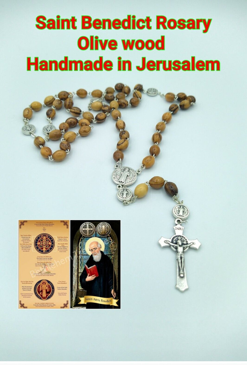 OLIVE WOOD St.Saint Benedict medal Cross Jerusalem Rosary Medalla de San Benito 