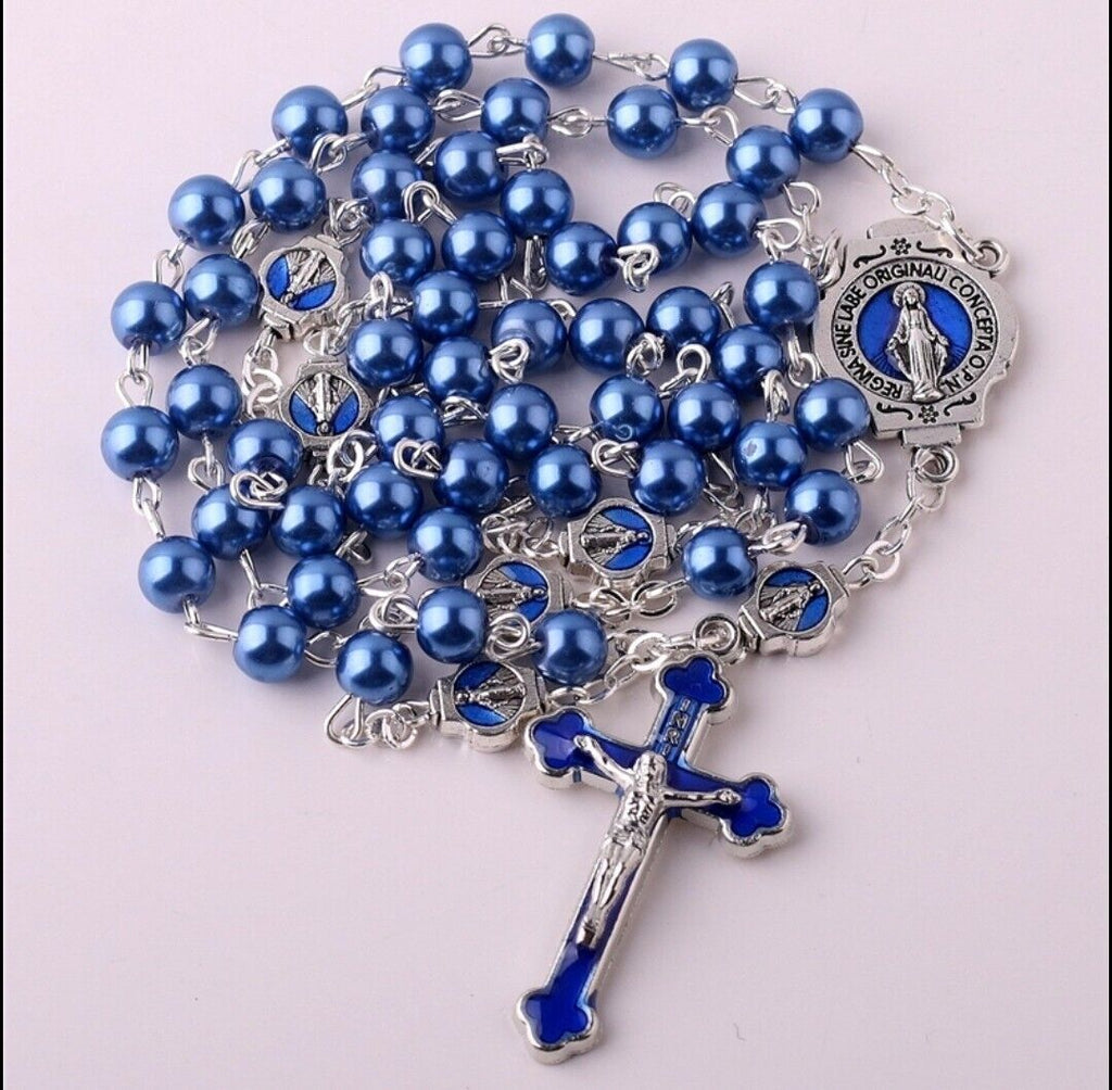 Catholic Blue Faux Pearl Glass Rosary Blue Enamel Crucifix Pater Bead Miraculous