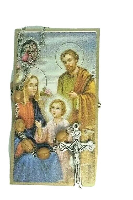HOLY FAMILY Catholic Olive Wood Rosary Beads Jerusalem Necklace Oval Mary JESUS
