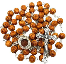 Olive Wood Beads Catholic ROSARY NECKLACE Holy Soil Medal Gift Box Certificate