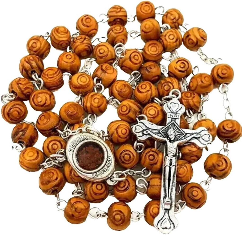 Olive Wood Beads Catholic ROSARY NECKLACE Holy Soil Medal Gift Box Certificate