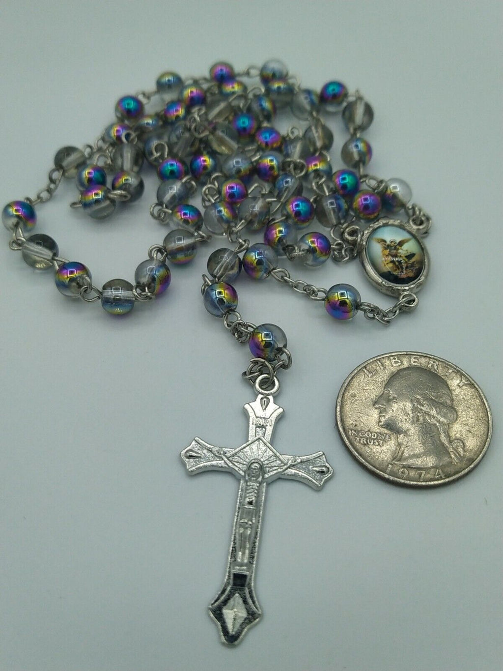 St.Saint Michael Archangel Rosary Glass San Miguel Arcángel Necklace Jesus