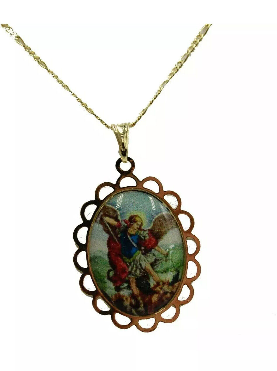 St.Michael Archangel Medal San Miguel Arcangel with 20 inch Chain Gold Plated 