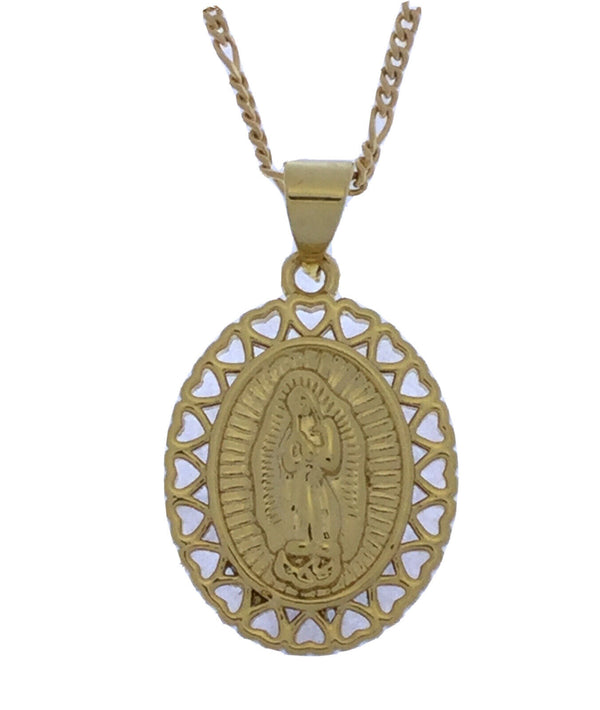 14k Gold Plated Virgen De Guadlalupe Oval Medal Pendant Chain Necklace 