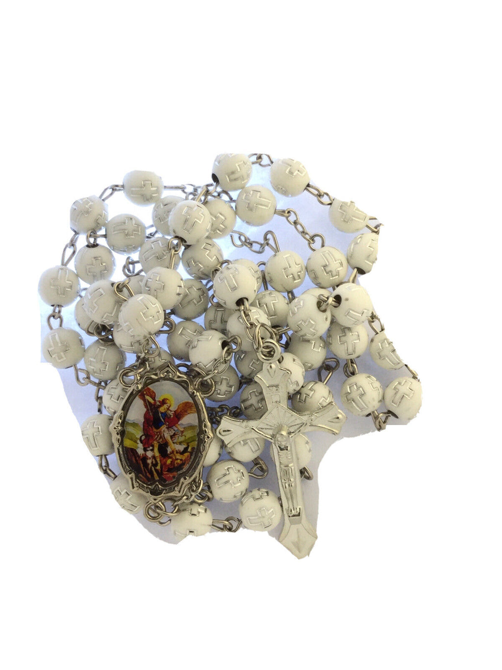 Saint St.Michael Archangel White Rosary San Miguel arcángel Necklace Protection