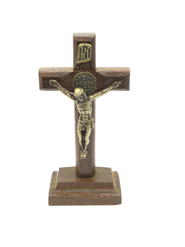 St.Saint Benedict Medal Wood Cross Crucifix Standing Cruz Medalla San Benito 3"