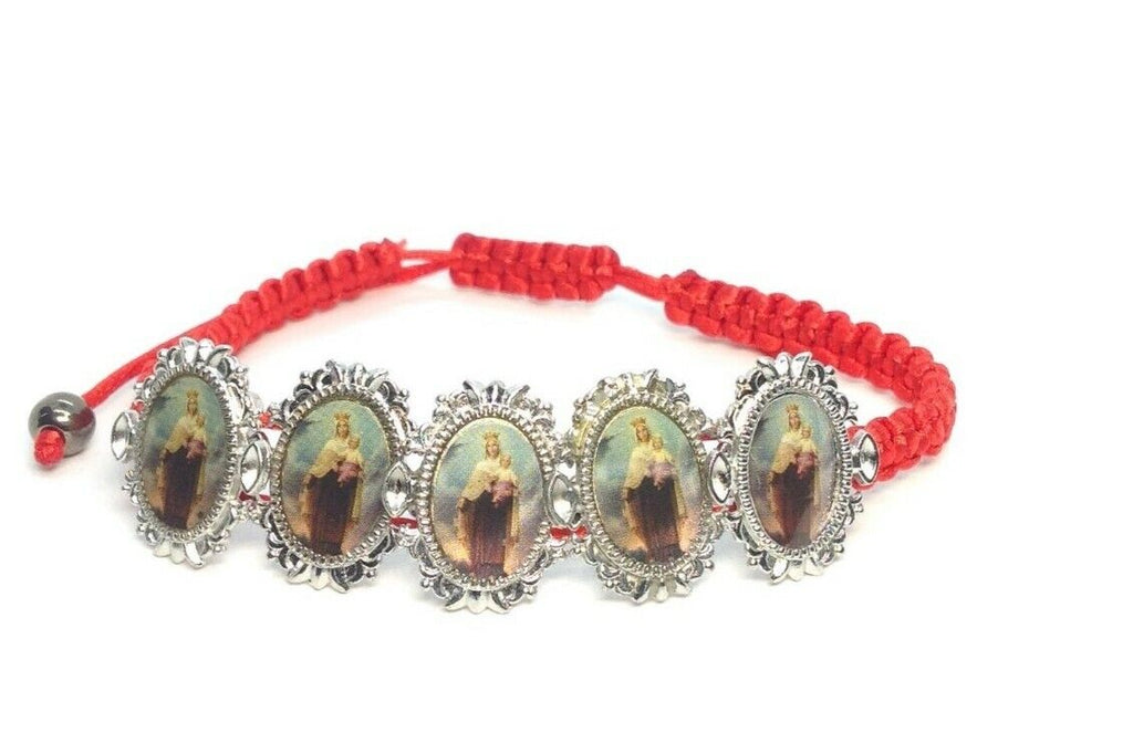Silver Tone Our Lady of Mount Carmel Medal red cord adjustable Bracelet Virgen 