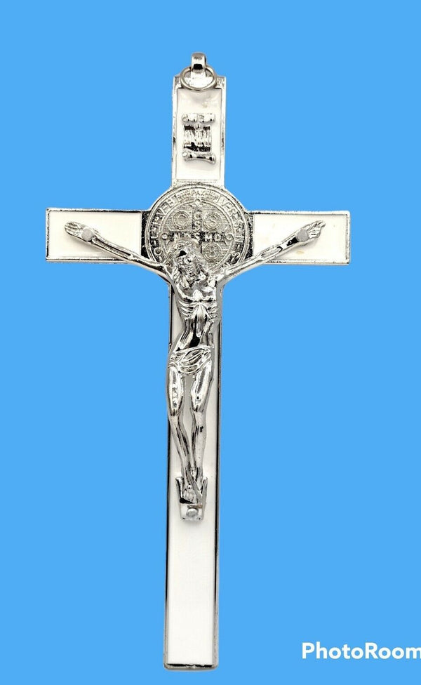 White Enamel  Big Wall hanging Cross Saint Benedict Medal Crucifix San Benito 8"