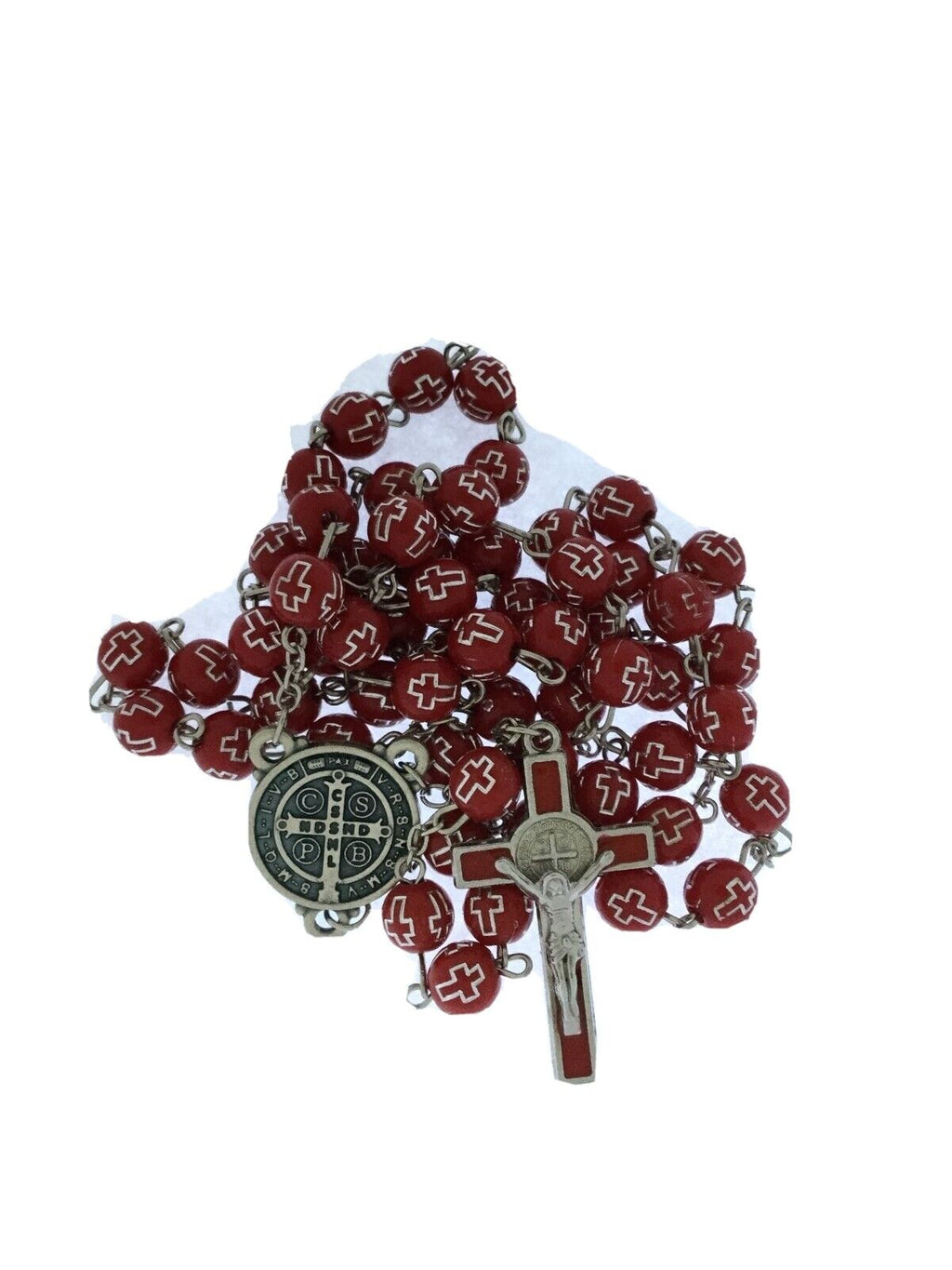 Catholic Rosary Necklace Cross Red Saint St.Benedict MEDAL San Benito Jesus Cruz