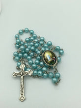 Catholic Blue Pearl Beads Rosary Necklace Our Lady of Lourdes Medal Cross Jesus 