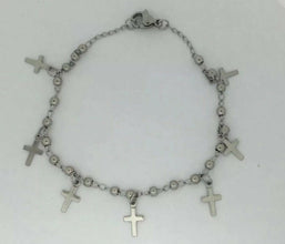 Catholic STAINLESS STEEL ROSARY CROSS BRACELET HANGING CROSS 8” Silver Tone