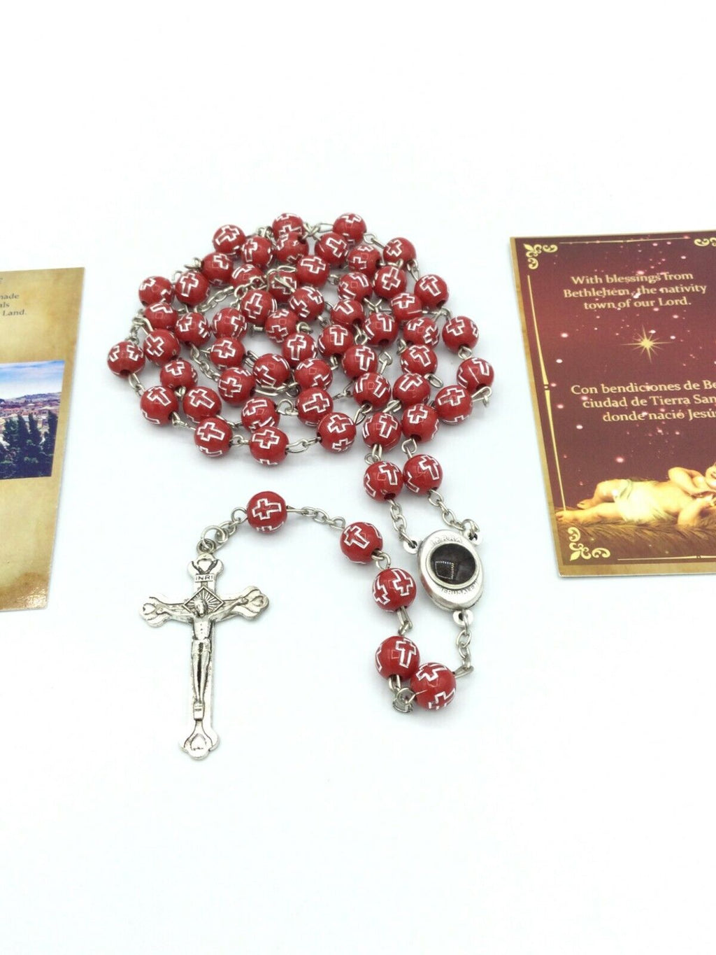 Catholic Red Rosary Beads Decorated Crucifixion  Holy Soil from Jerusalem Cruz