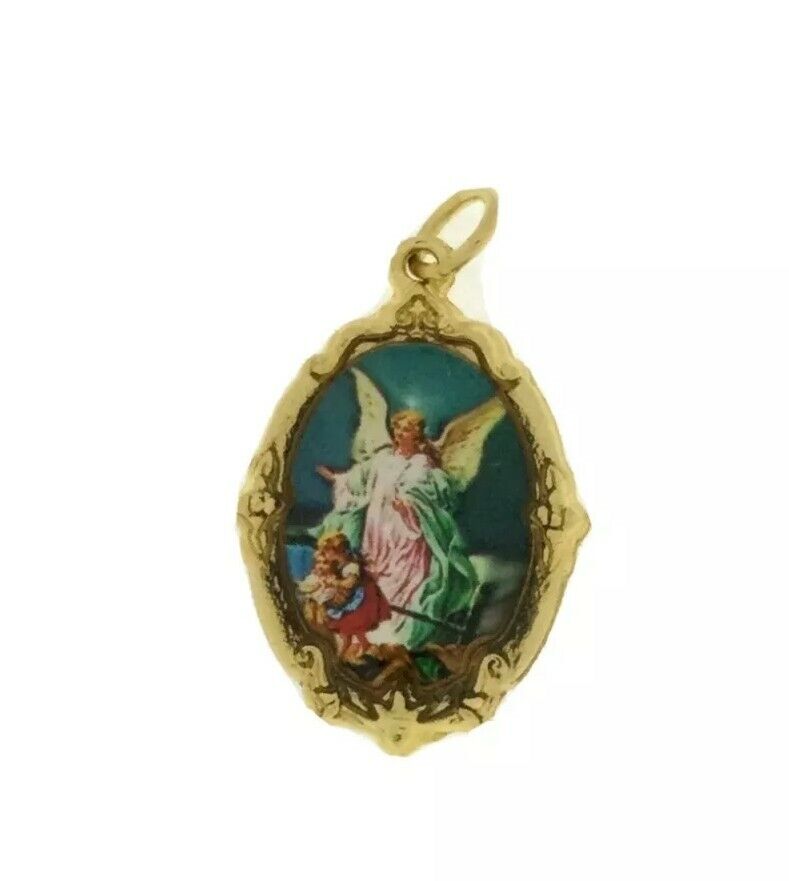 Guardian Angel Medal Gold-Tone Catholic Angel de la Guarda Prayer 