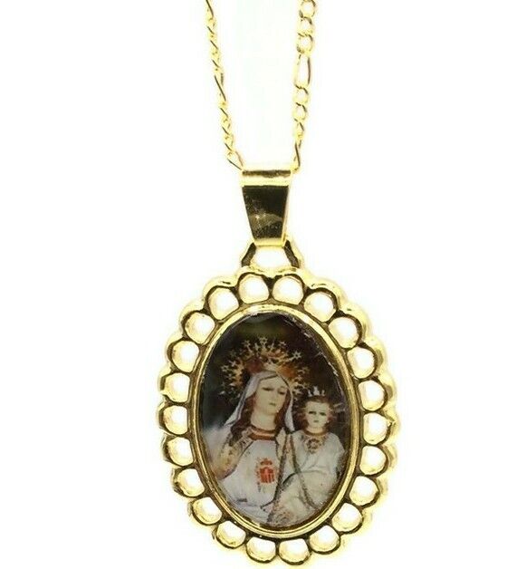 Virgen de la Mercedes Oval Medal our Lady Of Mercy Gold Plated Pendant Necklace 