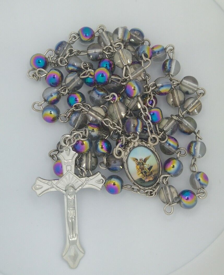 St.Saint Michael Archangel Rosary Glass San Miguel Arcángel Necklace Jesus
