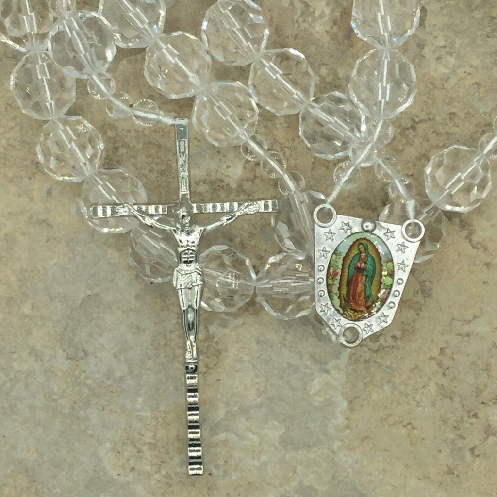Large Crystal Clear Rosary Beads Necklace Wall Hanging Jerusalem Cross Jesus 39"
