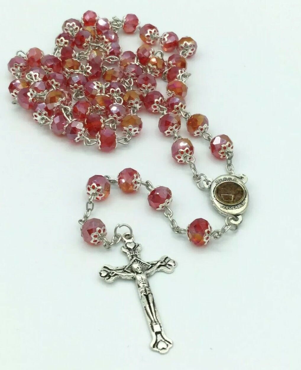 Glass Crystal Beads Rosary  Holy Soil Silver Cross Crucifix Jerusalem Blessings