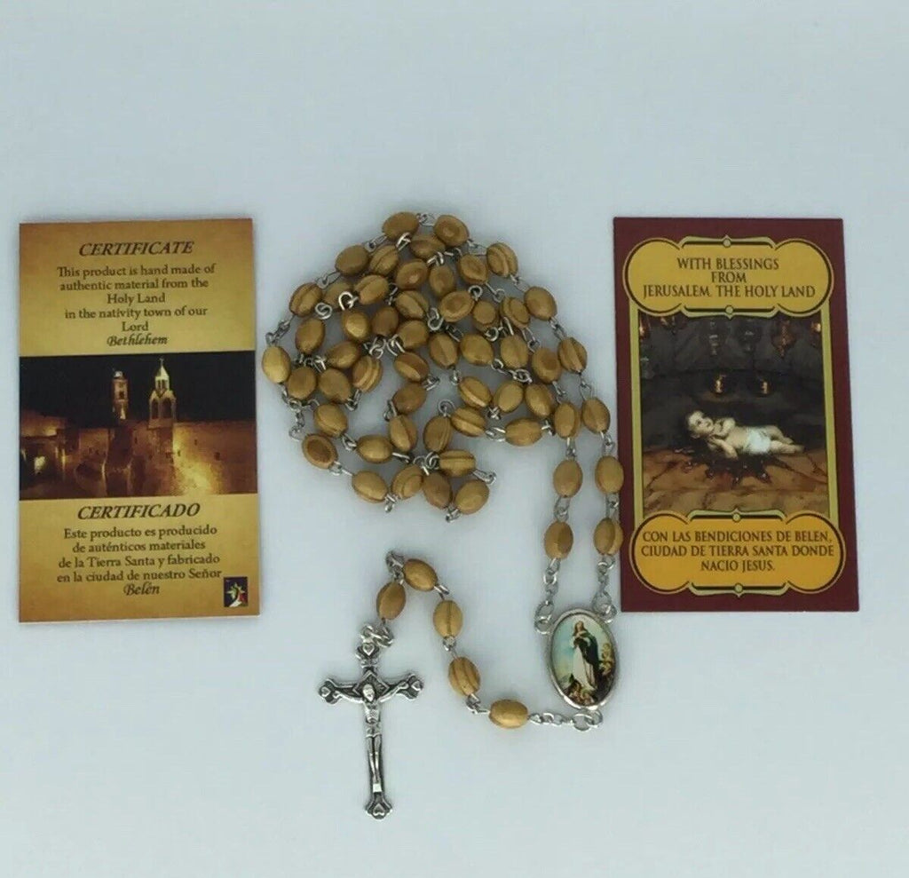 Olive Wood Rosary Beads JERUSALEM Necklace Oval Catholic Immaculate Mary Jesus