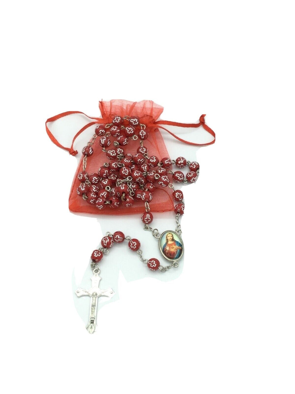  Catholic Rosary Necklace Red Sacred Heart of Jesus sagrado corazón de Jesús   